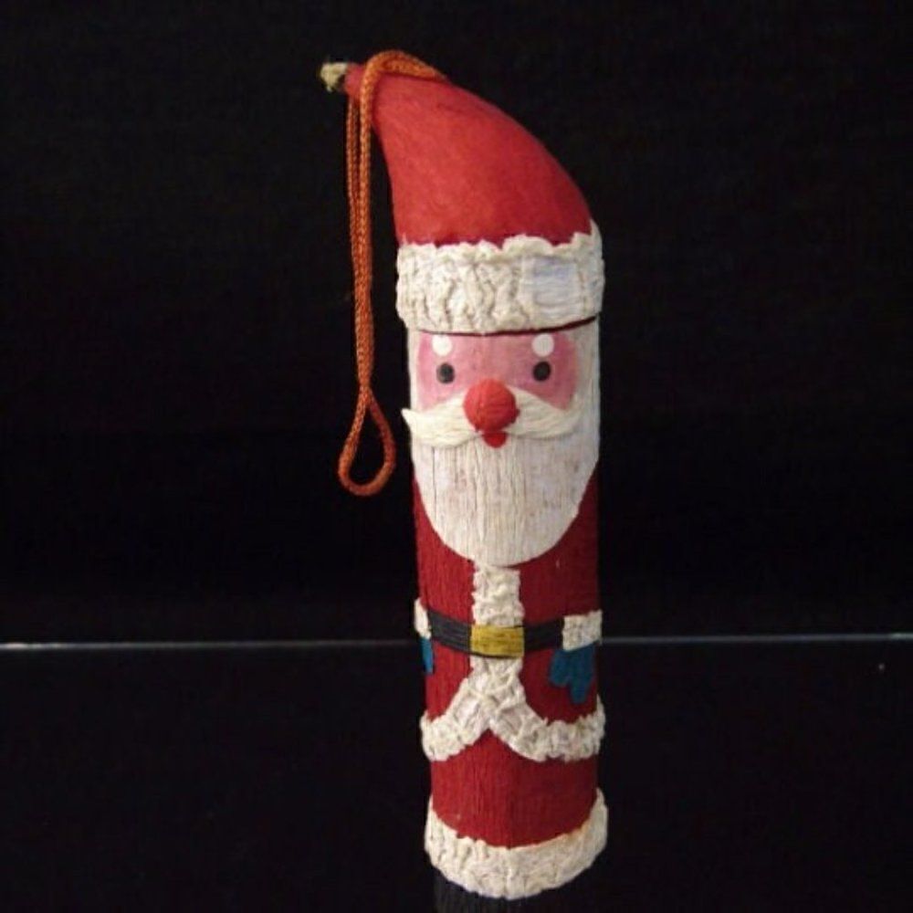 Vintage Christmas Santa Ornament Paper Mache Santa Pencil Shaped Tree Bark